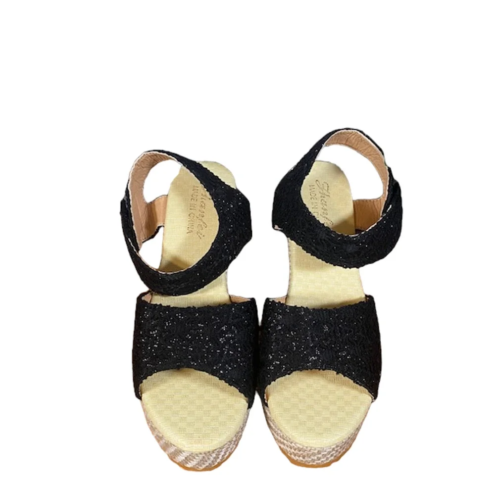 Women’s Metallic Black Wedge Espadrille Sandals Ankle Strap Velcro Size EU 38